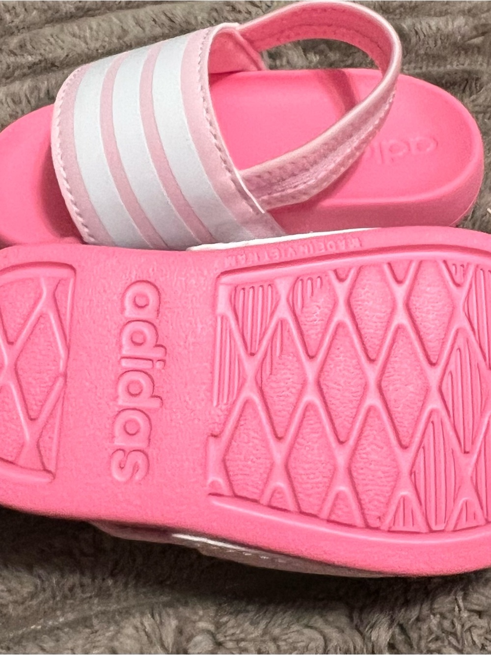 adidas Kids Pink Slide Sandals with White Stripes and Heel Strap